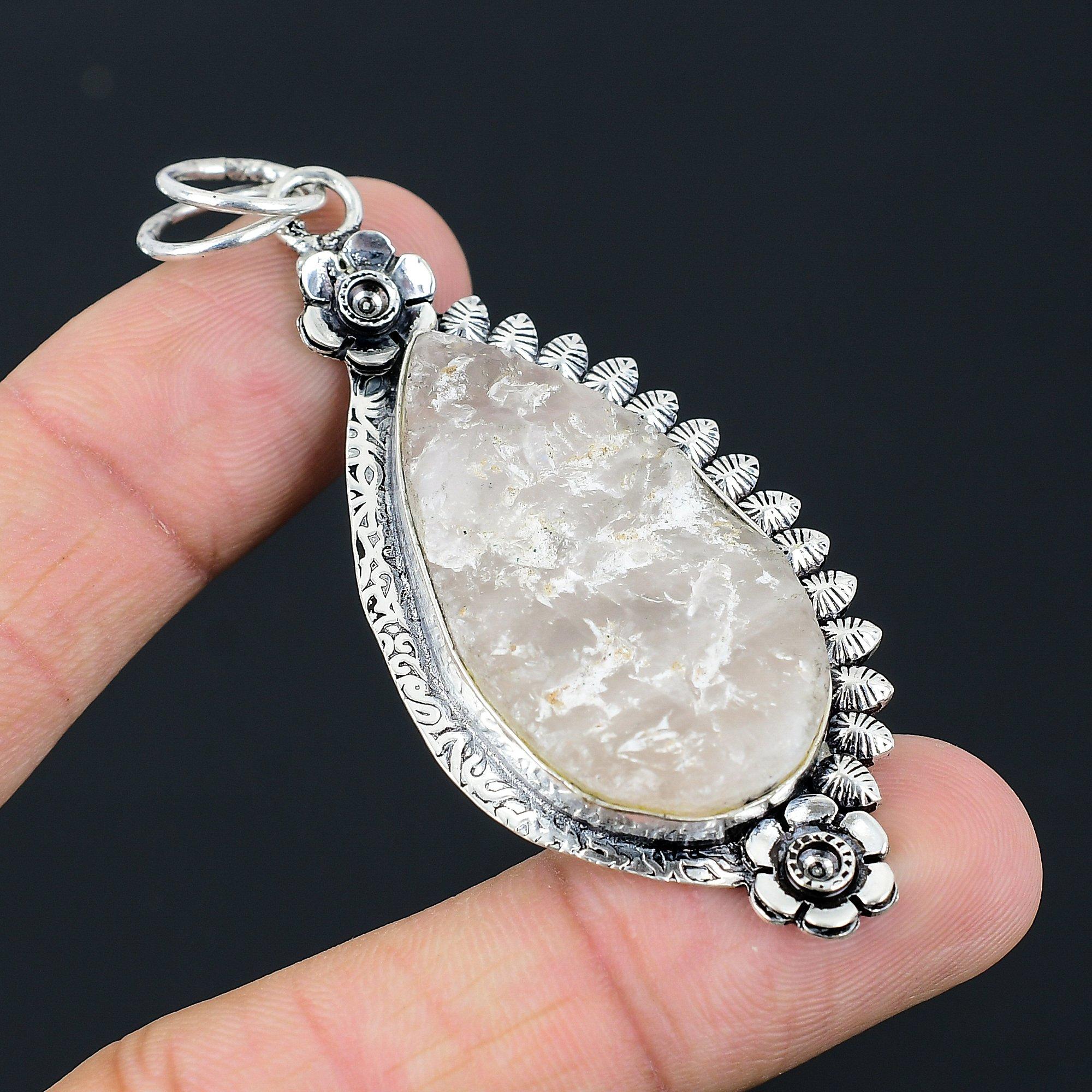 Натуральный Розовый Кварц Необработанный Камень Подвеска Цветок 925 Стерлинговое Серебро Для Женщин