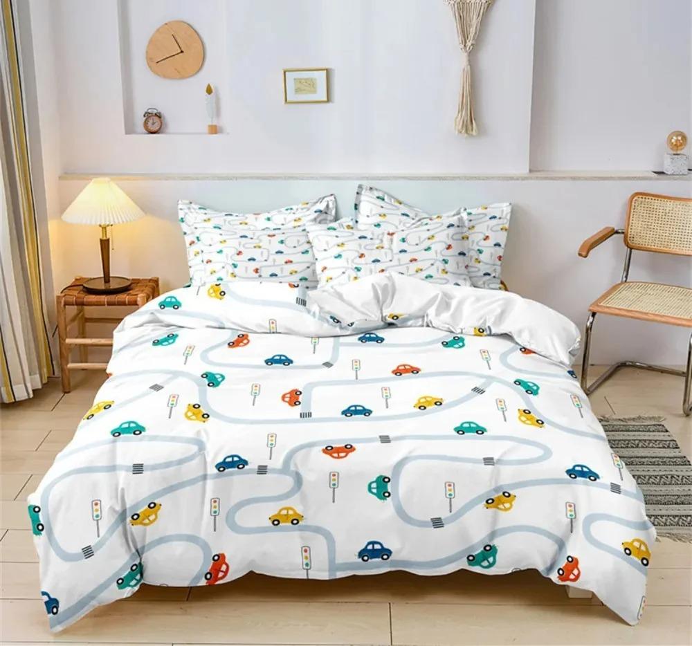 Cartoon Car Bedding Set Construction Vehicles Comforter Cover 3pcs Kids Machinery Truck Soft Polyester Duvet Cover for Boys Gift