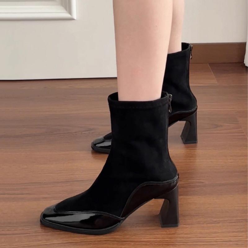 Cowhide Version Autumn and Winter Temperament Elastic Thin Boots High Heel Boots Rear Zipper Fashion Boots Square Head Simple Versatile Short Boots
