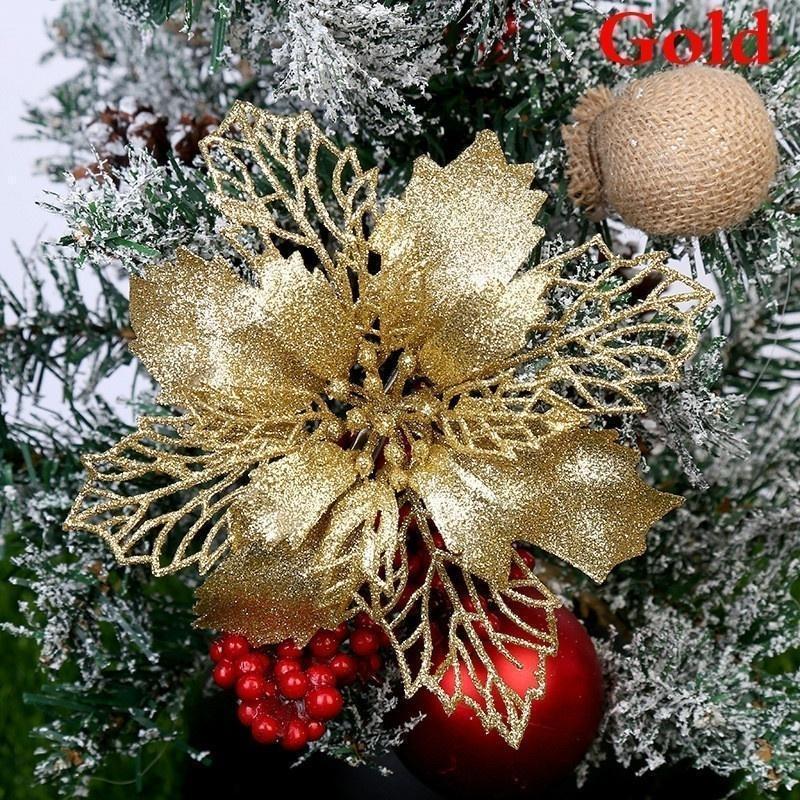 5pcs Christmas Flowers Glitter Fake Flowers Merry Christmas Tree Decorations For Home Gift Xmas Ornament Home Decor Supplies