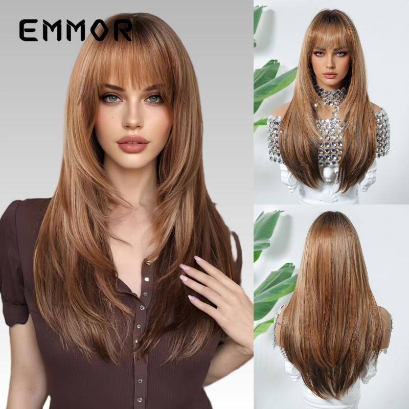 Hot Selling Qi Bangs Layer Medium Long Straight Hair Highlights Brown Fashion Wig Full Head Hairstyle Factory Direct Sales