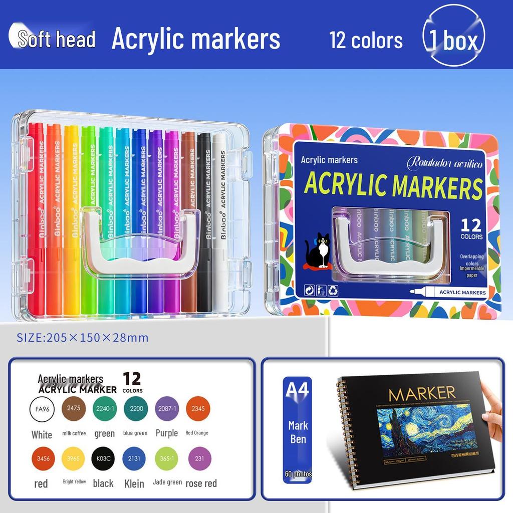 Akrylmarkör med mjuk spets och direktbläck & Staplingsbar låda – Blöder inte igenom, Stark täckning för grundskoleelever