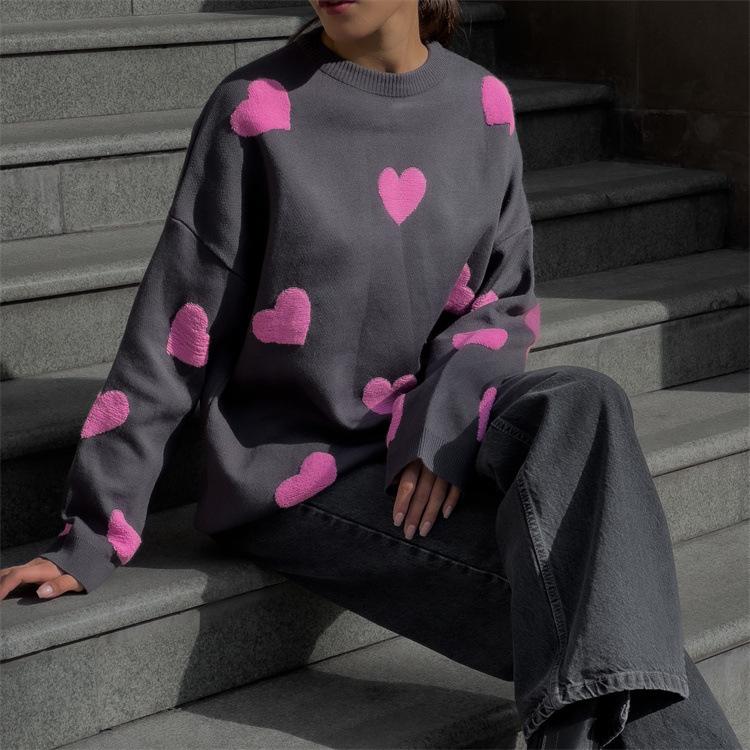 Suéteres tejidos con corazón de amor para mujer, jerséis bordados informales con cuello redondo, Tops de manga larga Y2k, prendas de punto