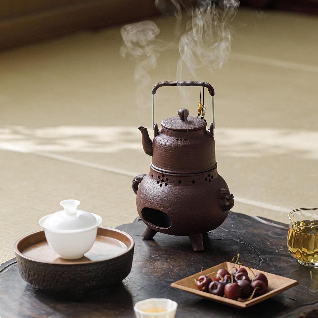 Guanlan Retro Coarse Pottery Tea Kettle Set with Alcohol Warmer for Outdoor Brewing