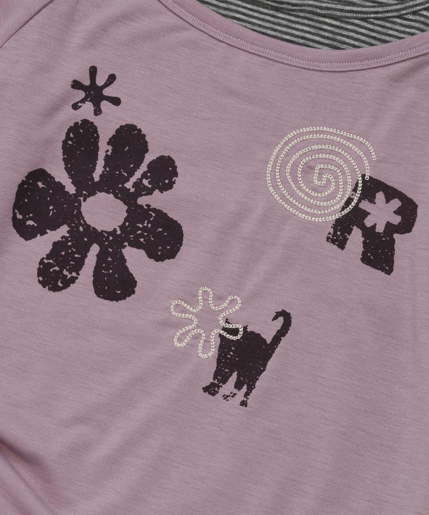 LMR Motif Embroidered Striped Layered T-Shirt Purple Pink