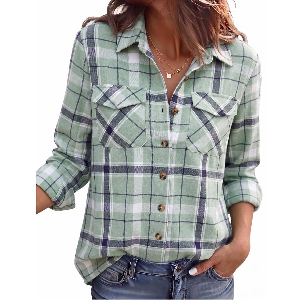 Giacca Camicia Casual da Donna a Quadri con Maniche Lunghe e Collo a Revers