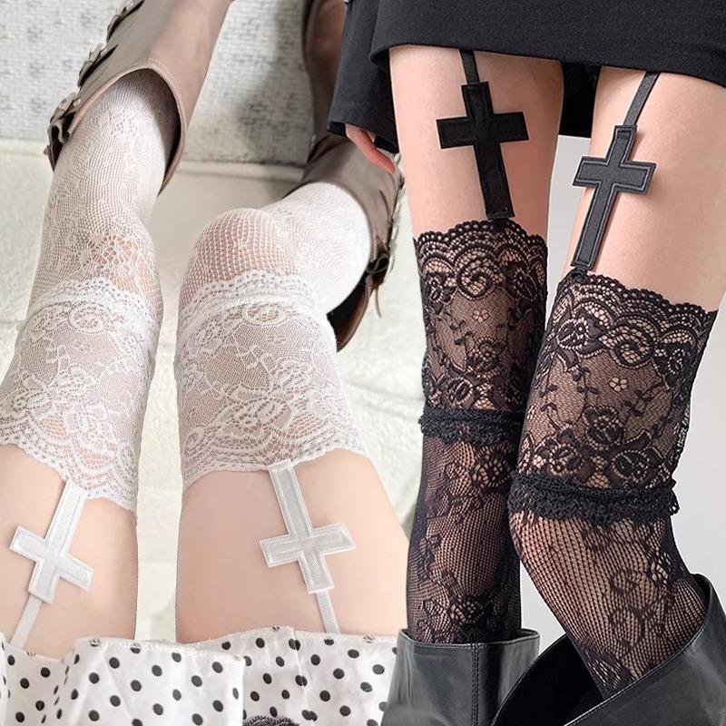 Punk Cross Lace Women Stockings Tights Hollow Out Flowers Black Cross Flora Mesh Girls Long Stockings Pantyhose Daily Party Wear