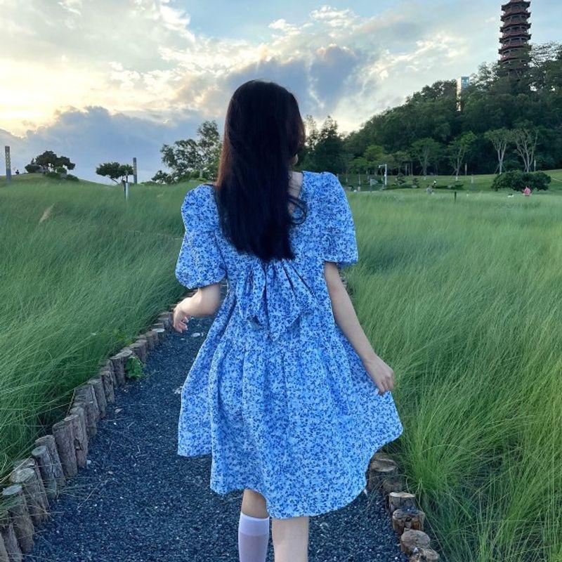 

2025 Summer New Arrival Sweet Puff Sleeves Floral Dress Plus Size Ladies Small Easiest for Match Bows Easiest for Match Blue 2XL(70.00 kg-80.00 kg)