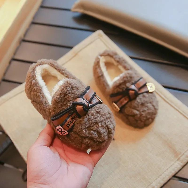 Girls' Princess Shoes Chic Warm Children's Plush Shoes with Simple Bow 2024 Autumn Winter New Girls' Moccasin Casual Soft Sole