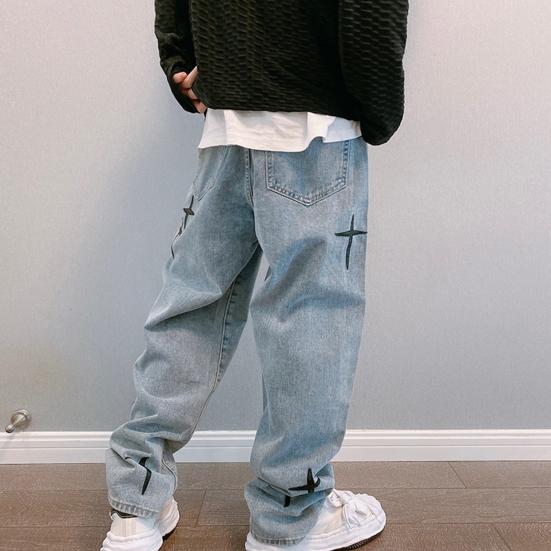 Spring Autumn Denim Pants Star Pattern Solid Color Zipper Fly Wide Leg Loose Jeans Streetwear