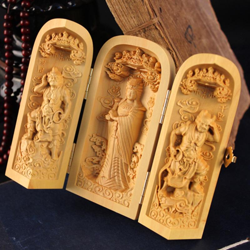 Boxwood Carved Western Shakyamuni Three Saints Guanyin Buddha Wooden Handicraft Ornament