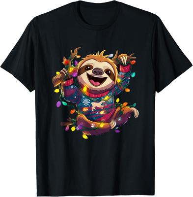 Zabawny Lenwiec Świąteczne Lampki Brzydki Sweter Graficzny T-shirt Codzienny Krótki Rękaw