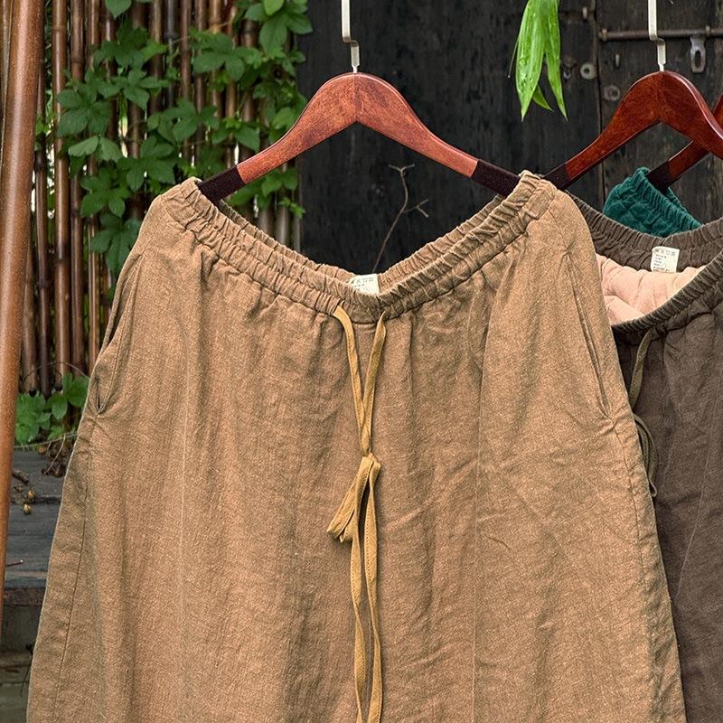 Johnature Women Vintage Wide Leg Pants Elastic Waist Solid Color Trousers Spring Pockets Casual Belt Pants