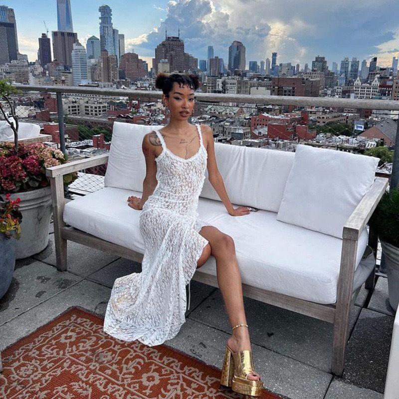 

Fashion Ins French Style Sexy Sexy Strap off-Neck Lace Pleating Dress Vacation Beach Dress Women White S