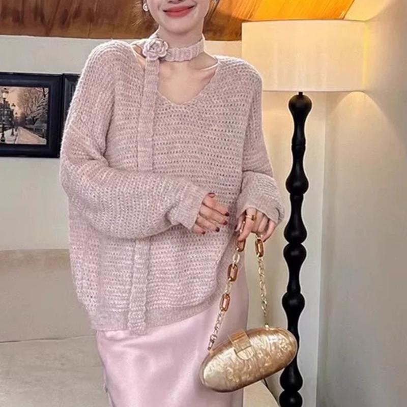 Korean V-neck Knit Sweater with Rose Ribbons, Women's Loose Slimming Fit for Spring/Autumn