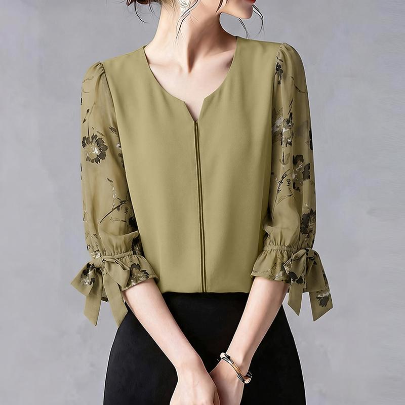 

ZANZEA Women Casual V-Neck Print Splice 3/4 Sleeve Loose Blouse 2XL хакі