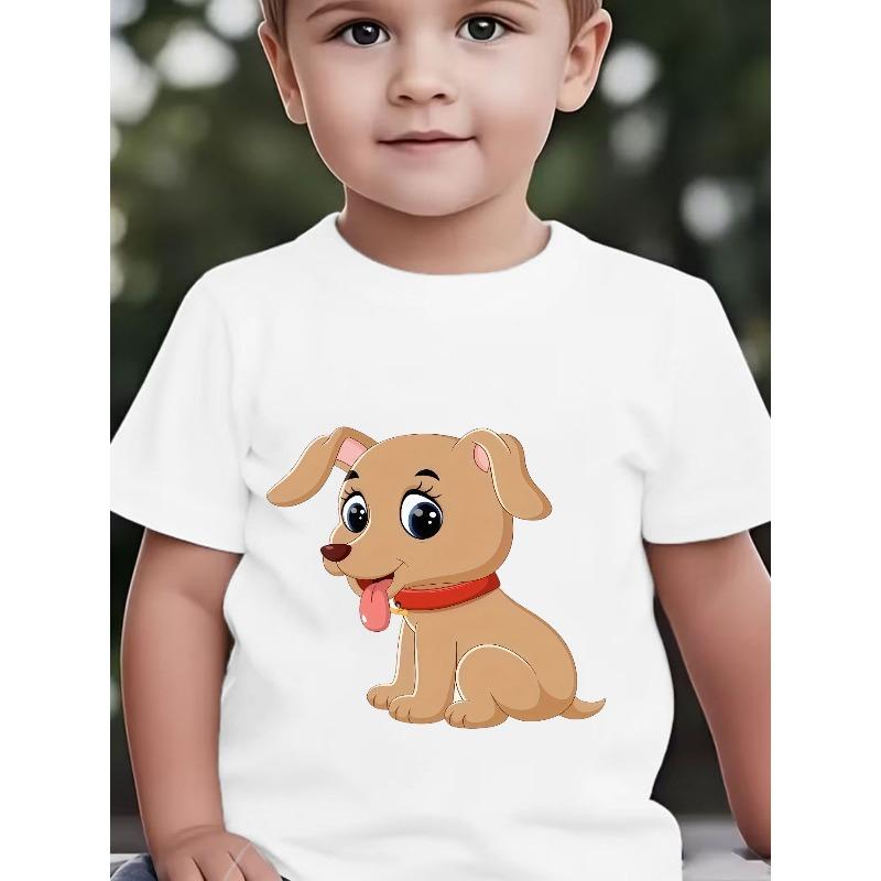 European Sizes Boys' Short-Sleeve T-Shirt with Cute Light Brown Puppy Cartoon Print, Big Eyes and Long Eyelashes