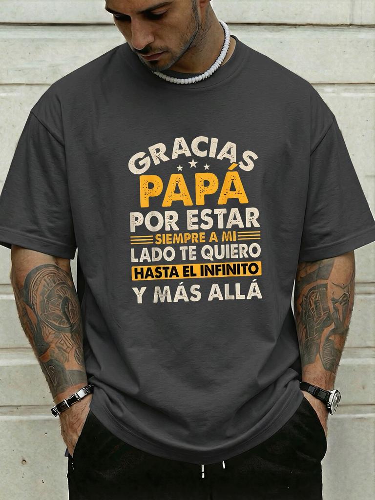 Charcoal Grey Male Short Sleeve Top Gracias Papa Spanish Slogan Vintage Print Loose Cotton Fathers Present Street Casual Outfit