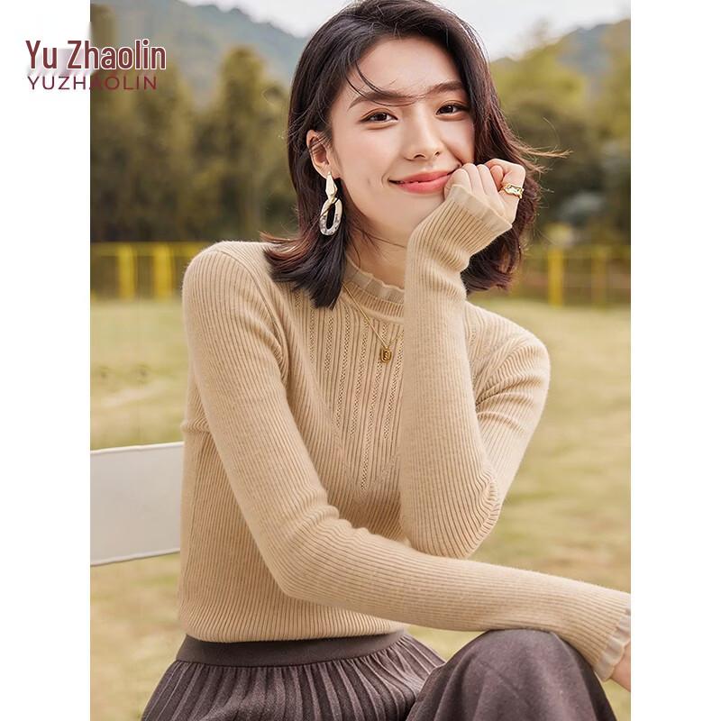 YUZHAOLIN Women s Spliced Half-High Collar Knit Pullover M