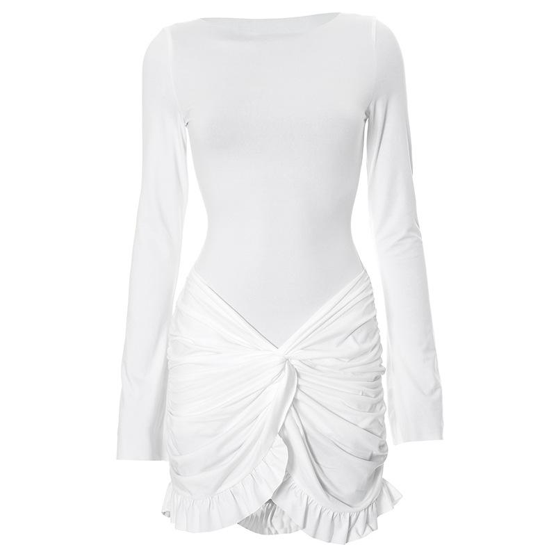 Women's Summer Solid Color Casual Round Neck Long Sleeve Package Hip Slim Short Dress