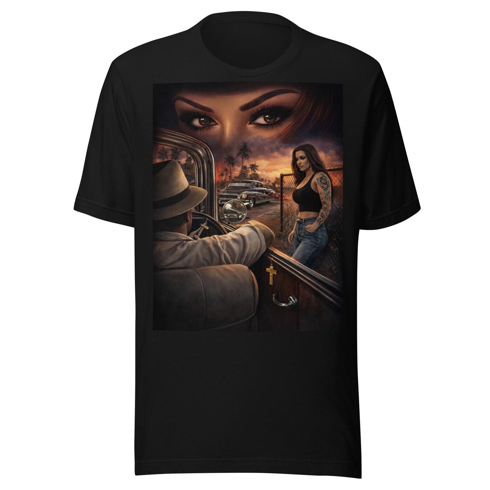 Chicano Lowrider Scene Art – Barrio Romance with Classic Car & Femme Fatale Unisex t-shirt M