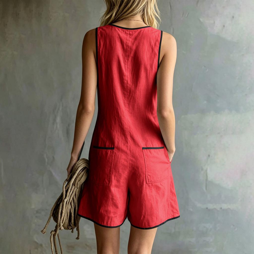 Women Sleeveless Button Front Linen Cotton Jumpsuit Casual Loose Fit Summer Romper with Pockets V Neckline