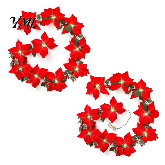 Seasonal Decorative Flower Garland Christmas Poinsettia with Light, 78/118 Inch Lighted Artificial Indoor Outdoor Holiday Floral Decoration