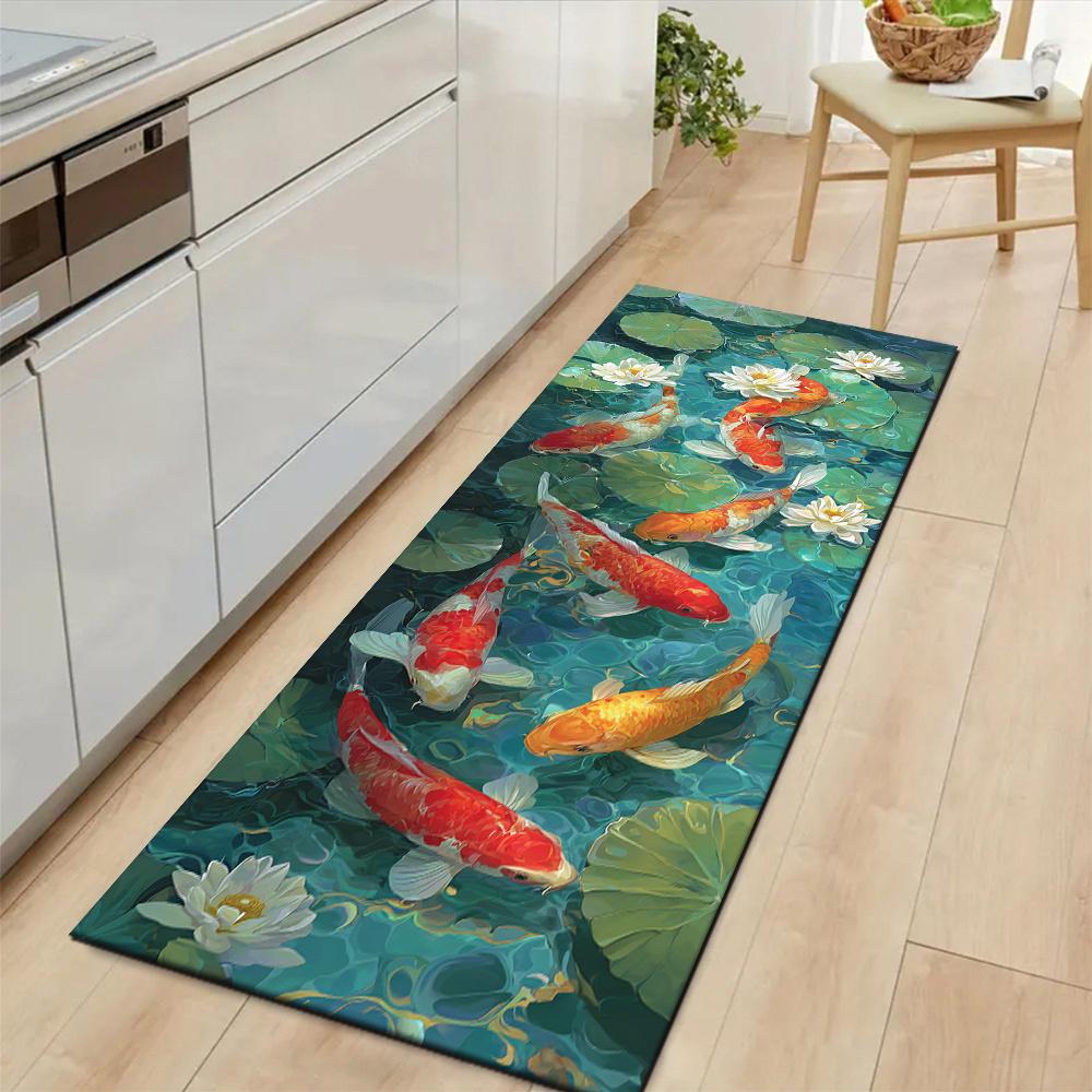 1Pcs Koi Fish Swimming Among Lotus Leaves Non-Slip Washable Area Rug Runner for Entryway, Living Room, Bedroom & Patio