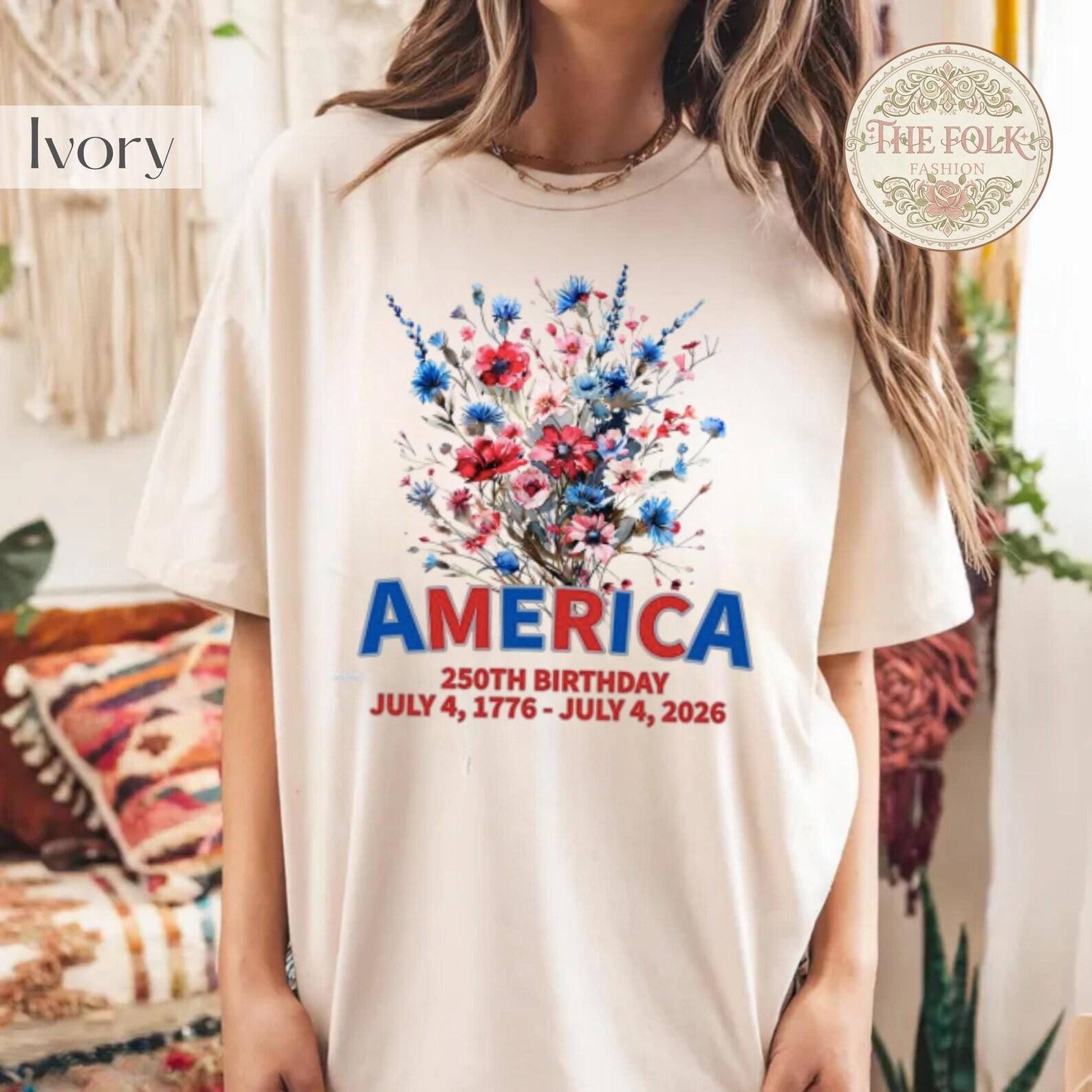America 250th Birthday Shirt, USA July 4 1776-2026 Tee, Patriotic Floral 4th of July T-Shirt, Semiquincentennial Gift, Vintage America Top 4XL