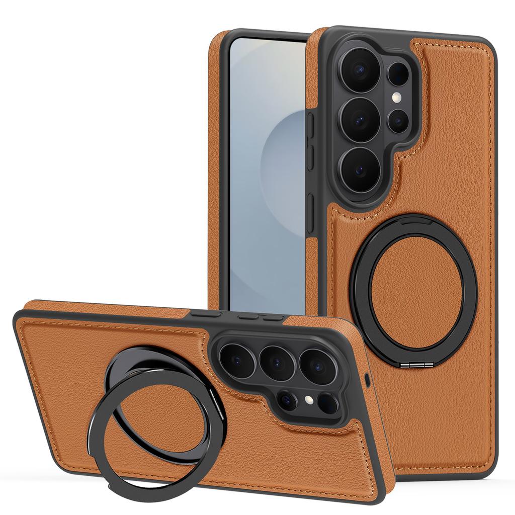 For Samsung Galaxy S26 Ultra Magnetic Case with Ring Kickstand PU Leather Back Cover