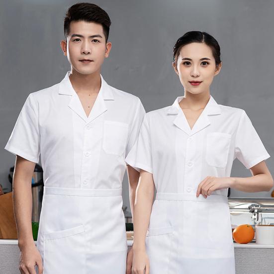 Unisex Chef Restaurant Jacket Lapel Short Sleeve Patch Pocket Chef Coat Men Women Single Breasted Kitchen Wear Waiter Bakery Uniform
