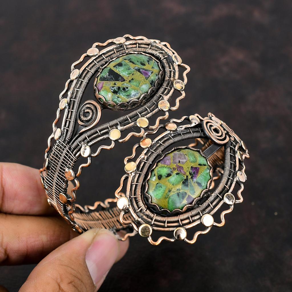 Copper Ruby Zoisite Cuff Bracelet Copper Wire Wrapped Gemstone Bangle Adjustable Cuff Handmade Bracelet Designer Copper Jewelry Gift For Mom