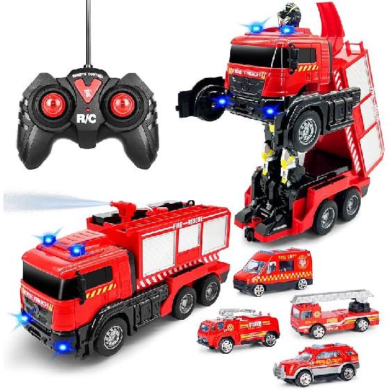 Remote Control Fire Truck With Led Sounds,RC Fire Truck Car Toy With 3pcs Small Firetrucks 10pcs Roadblock Models, One Button Press Spraying Water Fire Truck