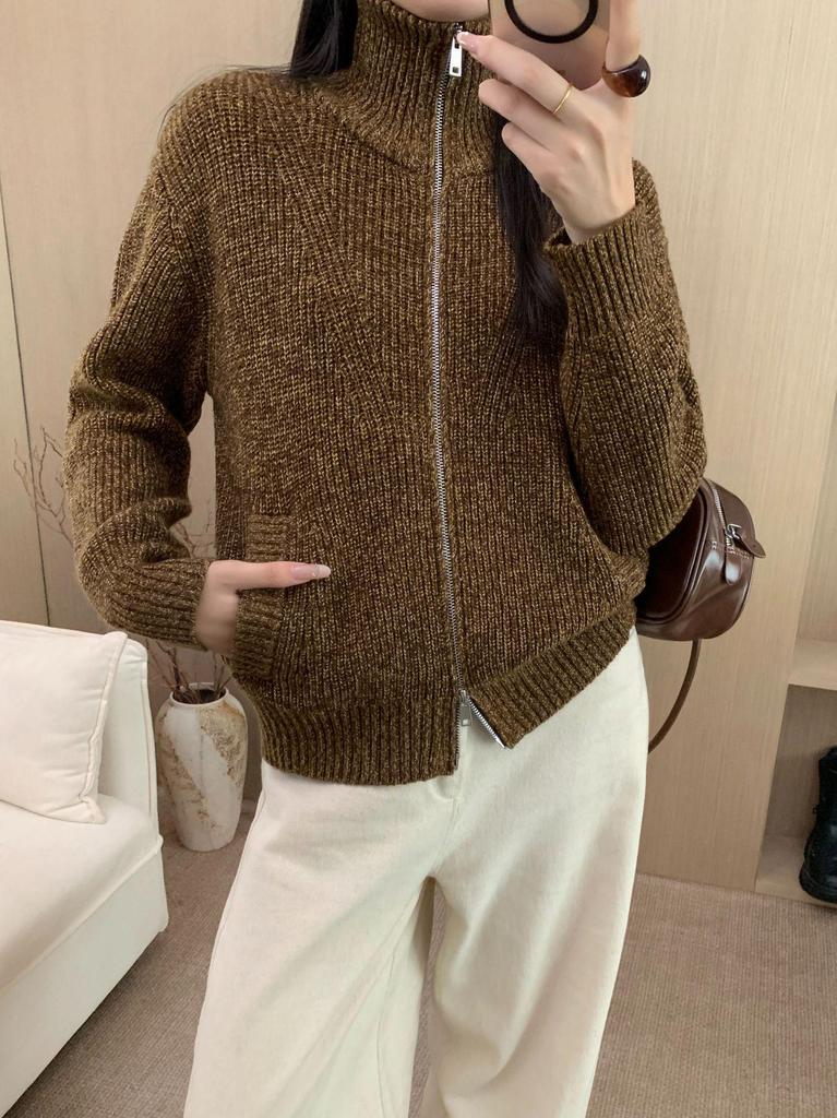 Women's Thickened Wool Sweater Coat with High Collar and Double-Headed Zipper