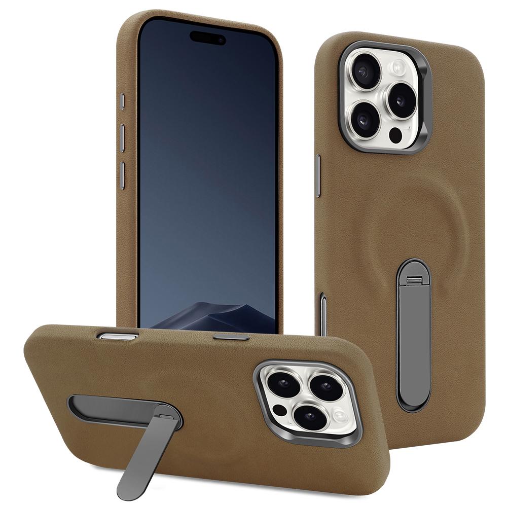 

For iPhone 16 Pro Magnetic Case with Kickstand Retro Jeans Texture PU+PC Phone Cover Dark Brown