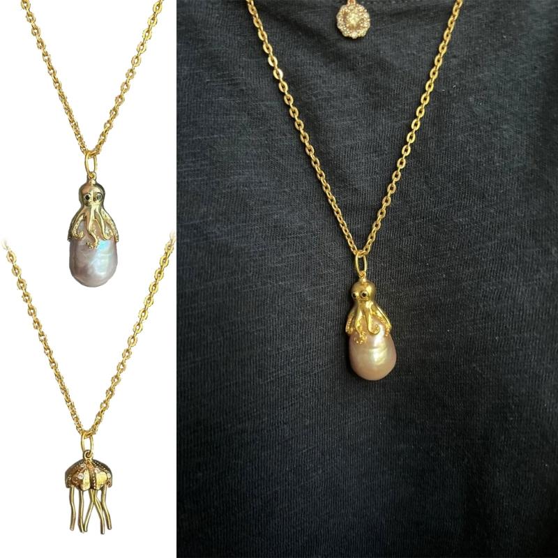 Marine Octopus Jellyfish Pendant Necklace For Women Girls Vintage Natural Pearls Marine Life Necklaces Fashion Jewelry