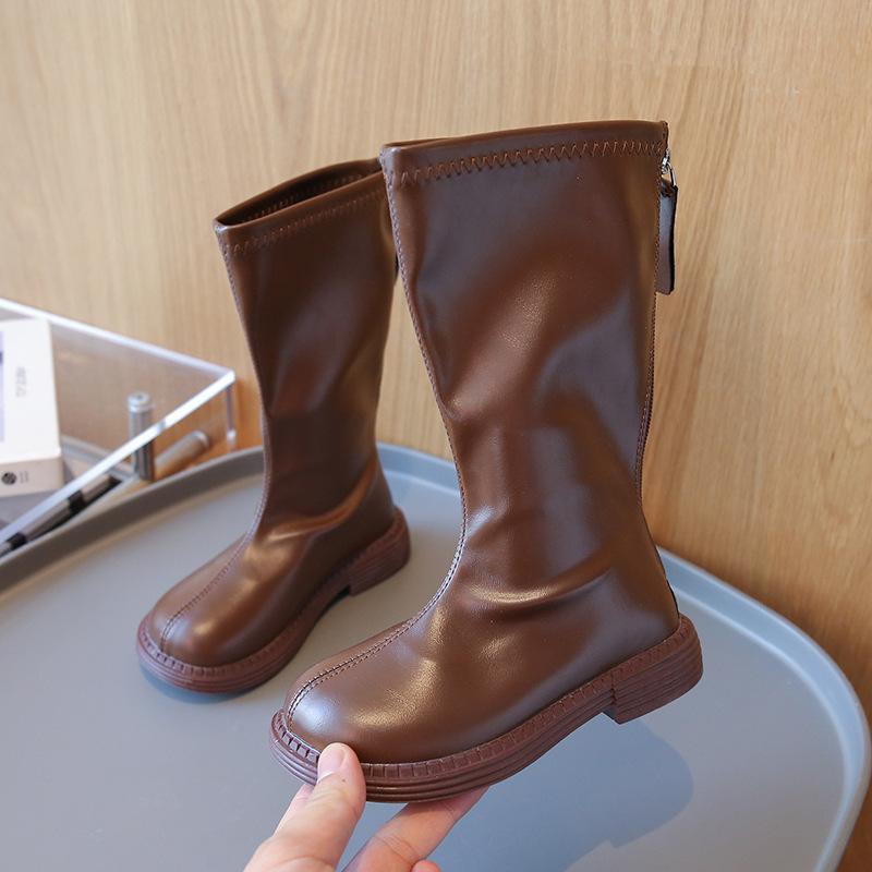 

[Winter Korean Kids Martin Boots Flee Lined Tall Boots Prinss Zip Back Leather Boots for Girls] size 26 коричневый
