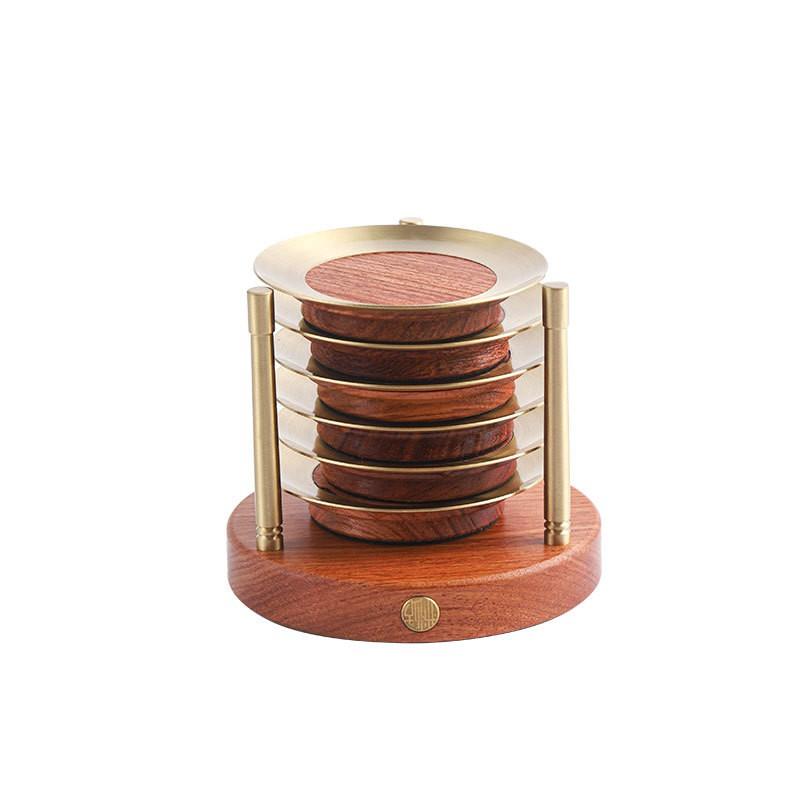 Elegant Copper Wood Tea Coaster Set 6pcs Modern Chinese Style Heat Resistant Wooden Cup Mat Ceremony
