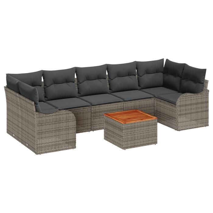Ensemble de Canapés de Jardin 8 pièces avec Coussins Gris Poly Rattan Acacia, Canapé de Jardin 2 Places avec Rangement &amp; 3356088