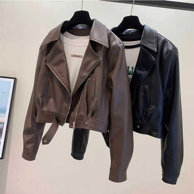 Women's Slimming PU Leather Jacket - Spring/Autumn Fashion with Lapel Design