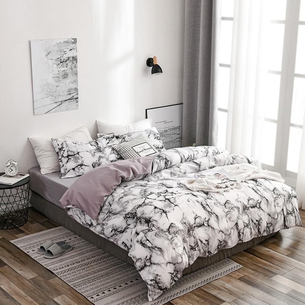 3Pcs Set Polyester Marbled Quilt Cover Pillowcase Bedding Set EU Double Size (White)