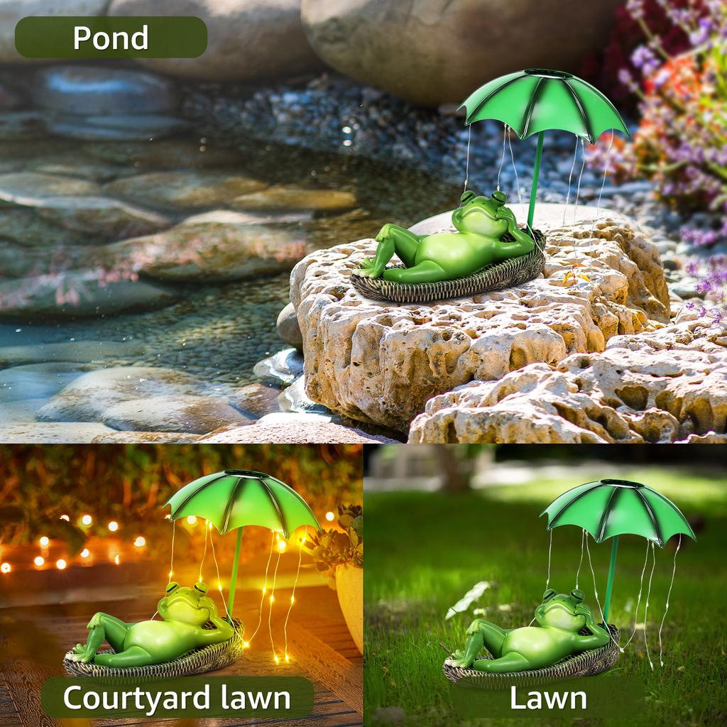 Solar LED Lights Statues Garden Decor Frog Umbrella Waterproof Resin Sculpture Cute Funny Creative