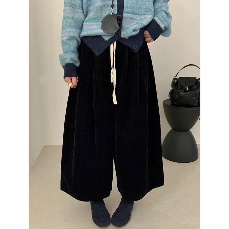Autumn Winter Velvet Wide-leg Drawstring Elastic Waist Nine-point Pants for Women Loose and Versatile Korean Style