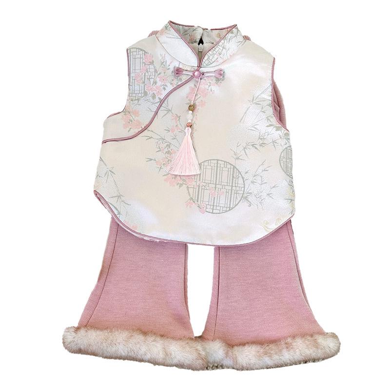 Girls' Winter 2025 Chinese-Style Fleece-Lined Vest & Flared Pants Two-Piece Set
