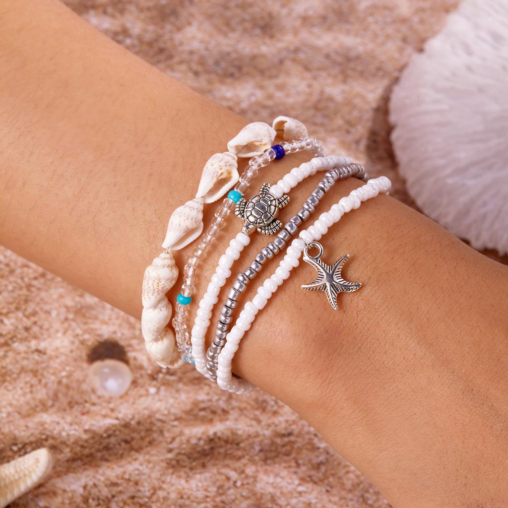 3 Peças Pulseira Estrela do Mar Concha Boêmia Para Mulheres Meninas Tartaruga Concha Corrente de Contas de Arroz Pulseira de Braço Festa na Praia de Verão Joias de Amizade
