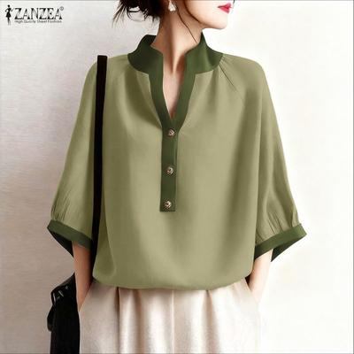 Damen Casual V-Ausschnitt Halbarm Lockere Bluse