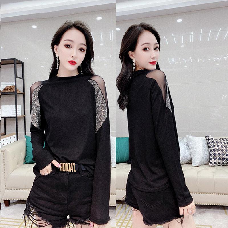 New Mesh Patchwork Diamond Long Sleeved Bottoming Shirt Spring Autumn Half High Neck T-shirt Top M-4XL
