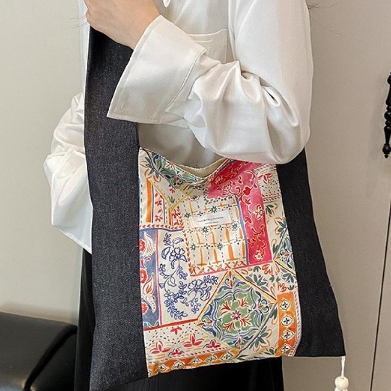 New niche shoulder bag women's versatile denim patchwork strap messenger bag fashion trend large capacity canvas bag