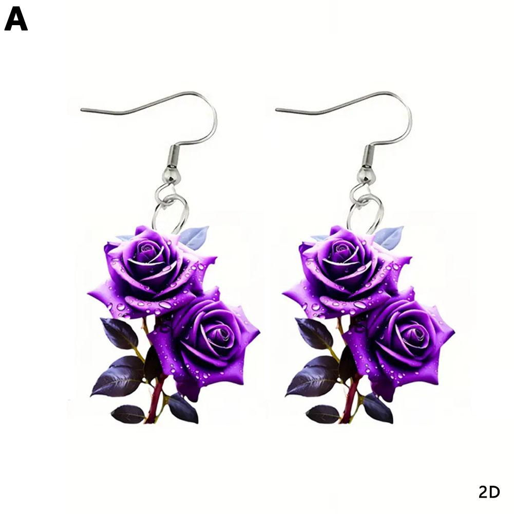 Fashion Acrylic 2D Flat Rose Earrings Romantic 2D Flat Rose Forest Flower Earrings Retro Art Style Earrings Jewelry Gifts
