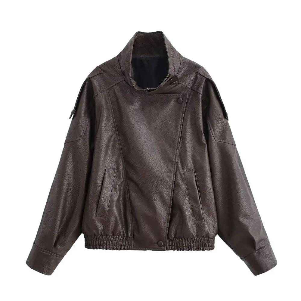 Giacca da Donna Autunnale in Ecopelle Chic con Zip e Revers a Punta Manica Lunga Giacca Capospalla